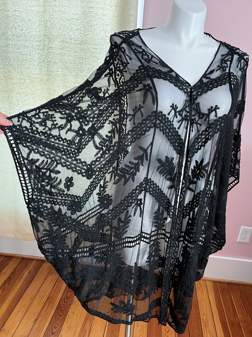 Black Sheer Embroidered Lace Kimono Cover-Up